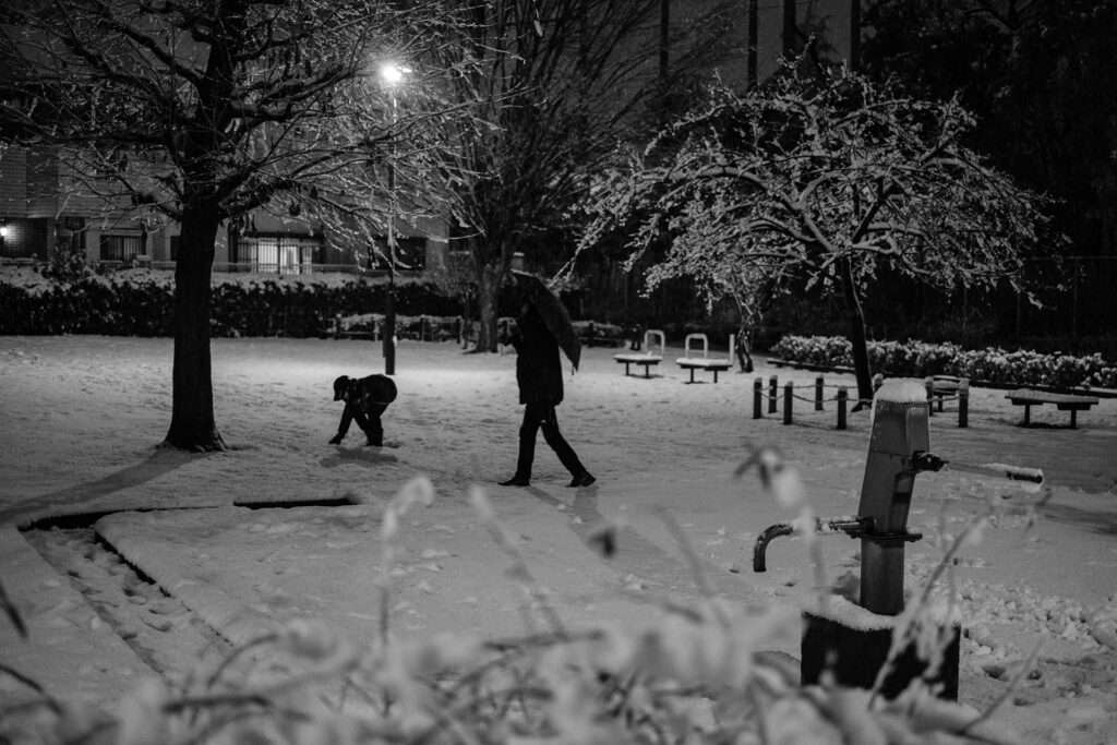 雪の夜の公園で遊ぶ親子。そりゃあ遊びたくなるよね。